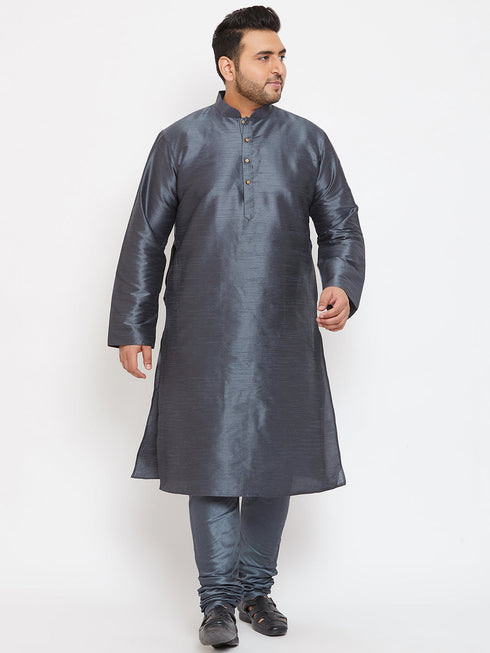 Vastramay Men's Plus Size Grey Silk Blend Kurta Pyjama Set